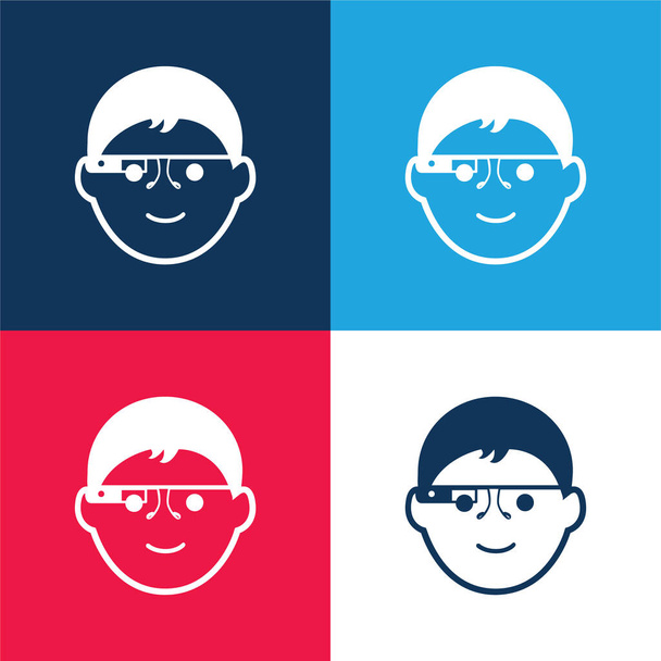 Boy Face Z okularami Google niebieski i czerwony zestaw czterech kolorów minimalny zestaw ikon - Wektor, obraz