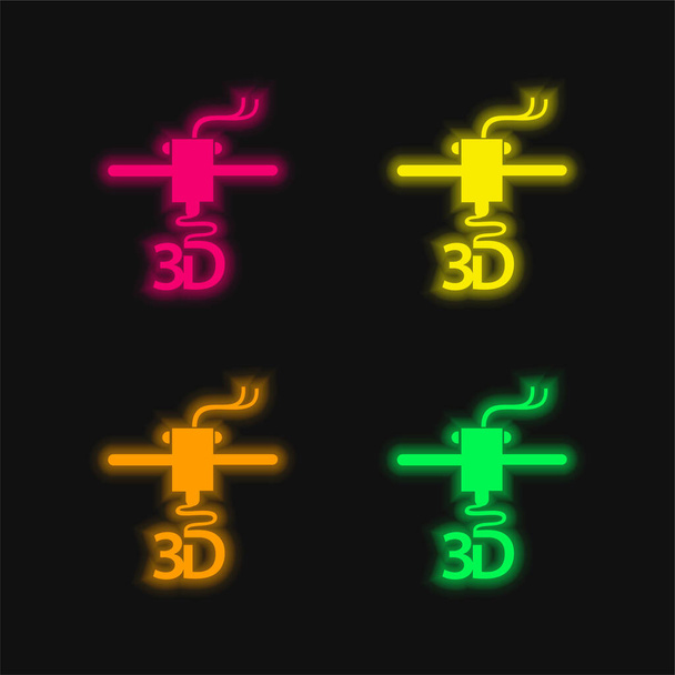 Impresora 3d letras de impresión icono de vectores de neón brillante de cuatro colores - Vector, imagen