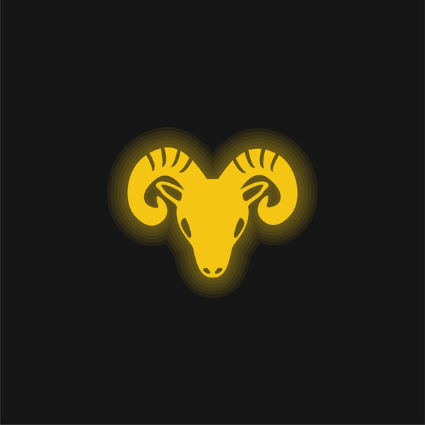 Aries Zodiac Symbol Of Frontal Goat Head yellow glowing neon icon - Vector, Image