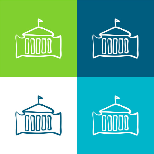 Edificio administrativo con bandera Esquema dibujado a mano Plano conjunto de iconos mínimo de cuatro colores - Vector, Imagen