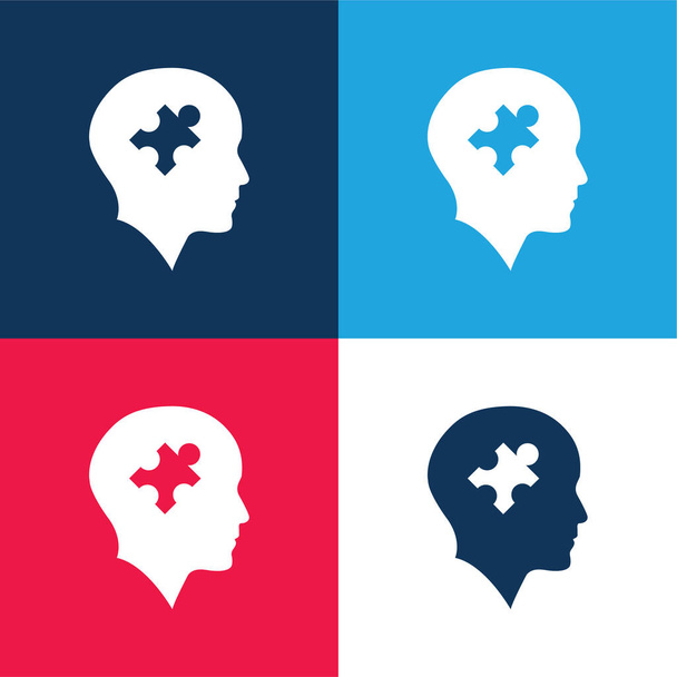 Plešatá hlava s puzzle kus modré a červené čtyři barvy minimální ikony nastavit - Vektor, obrázek