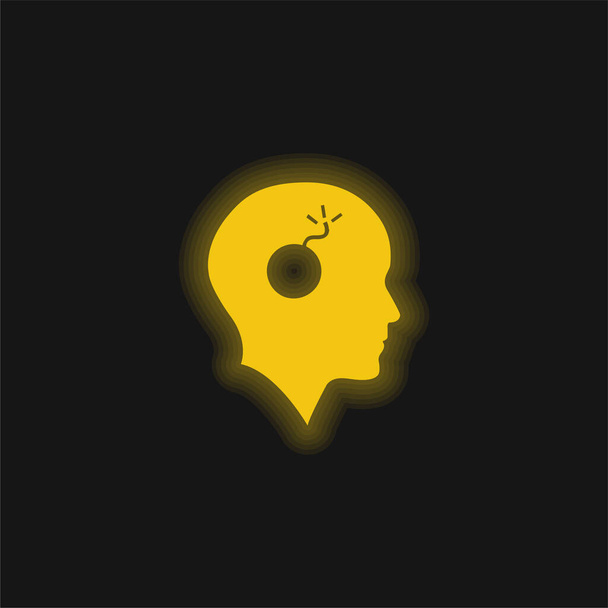 Kaal hoofd met een bom geel gloeiende neon pictogram - Vector, afbeelding