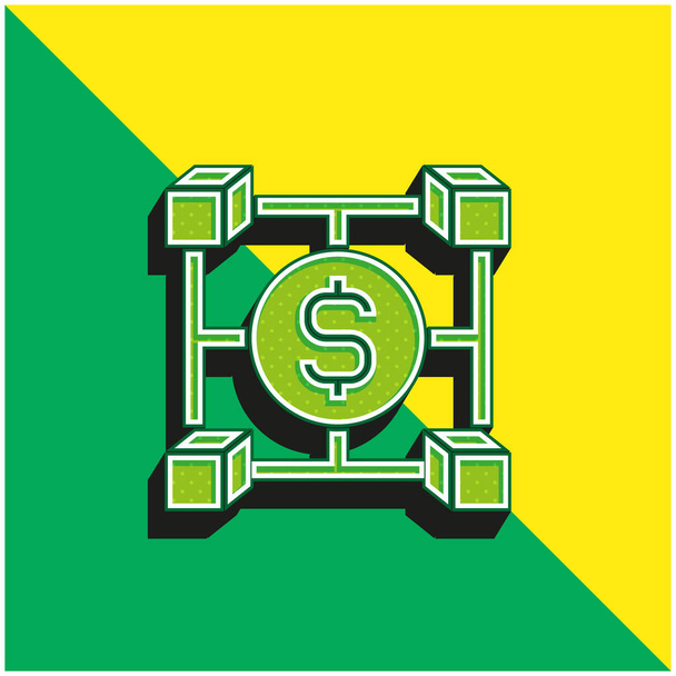 ブロックチェーングリーンと黄色の現代的な3Dベクトルアイコンのロゴ - ベクター画像