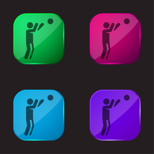 Jugador de baloncesto icono de botón de cristal de cuatro colores - Vector, Imagen
