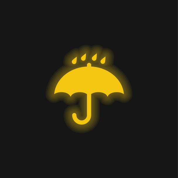 Simbolo di ombrello aperto nero con gocce di pioggia che cadono su di esso icona al neon giallo incandescente - Vettoriali, immagini