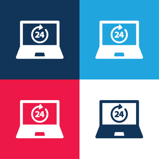24 horas en la pantalla del ordenador portátil azul y rojo conjunto de iconos mínimo de cuatro colores - Vector, Imagen