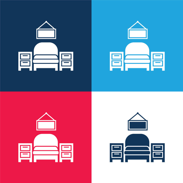 Equipamento de mobiliário de quarto azul e vermelho conjunto de ícones mínimos de quatro cores - Vetor, Imagem