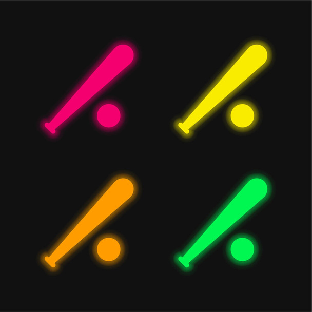 Bate de béisbol y bola de cuatro colores brillante icono de vectores de neón - Vector, imagen