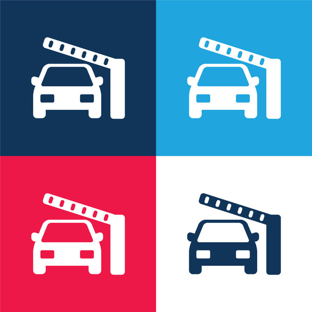 Барьер и автомобиль синий и красный четыре цвета минимальный набор значков - Вектор,изображение