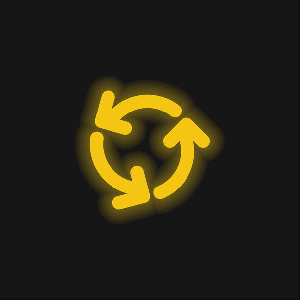 Arrows Circle Of Three Rotating In Counterclockwise Direction yellow glowing neon icon - Vector, Image