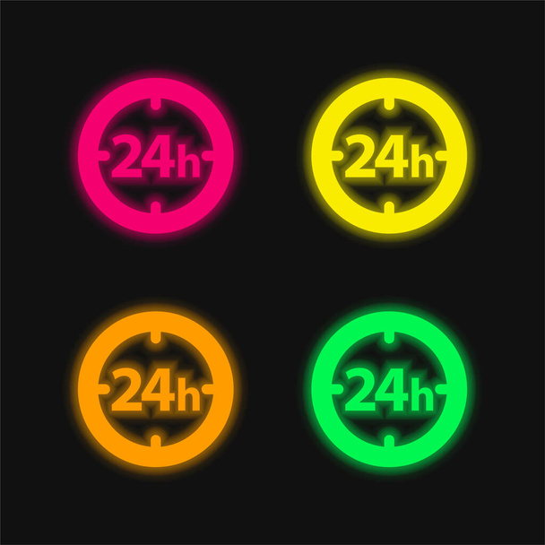 24 Uur Circulaire Klok Symbool vier kleuren gloeiende neon vector pictogram - Vector, afbeelding