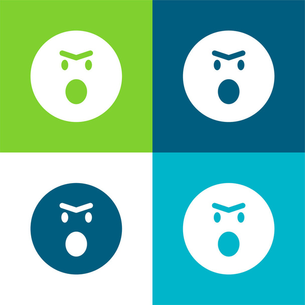 Rozzlobený emotikonový obličej s otevřenými ústy v zaobleném čtvercovém obrysu Flat čtyři barvy minimální ikona nastavena - Vektor, obrázek