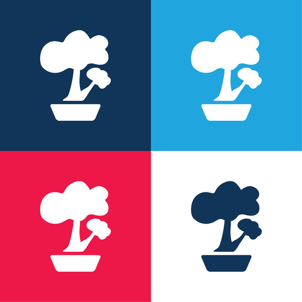 Bonsai azul y rojo conjunto de iconos mínimo de cuatro colores - Vector, imagen