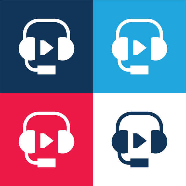 Audio modrá a červená čtyři barvy minimální ikona nastavena - Vektor, obrázek