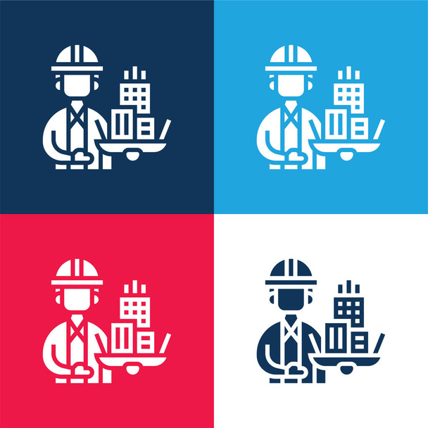 Arquitecto azul y rojo conjunto de iconos mínimo de cuatro colores - Vector, Imagen