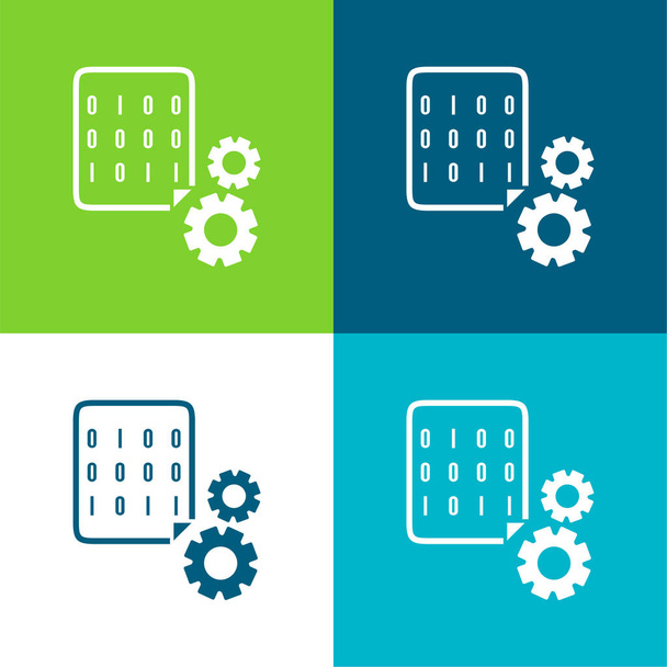 Codici binari e Cogwheels piatto quattro colori set icona minima - Vettoriali, immagini