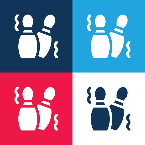 Bowling kolíky modré a červené čtyři barvy minimální ikony nastavit - Vektor, obrázek