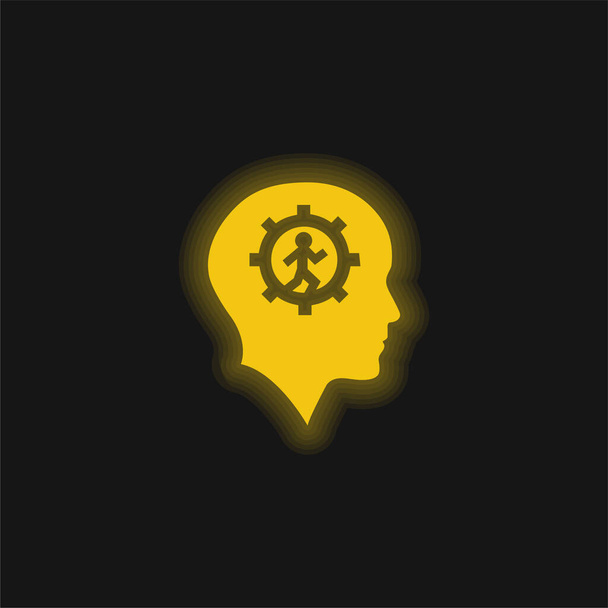 Bald Head With Gear And Running Man Inside yellow glowing neon icon - Vector, Image