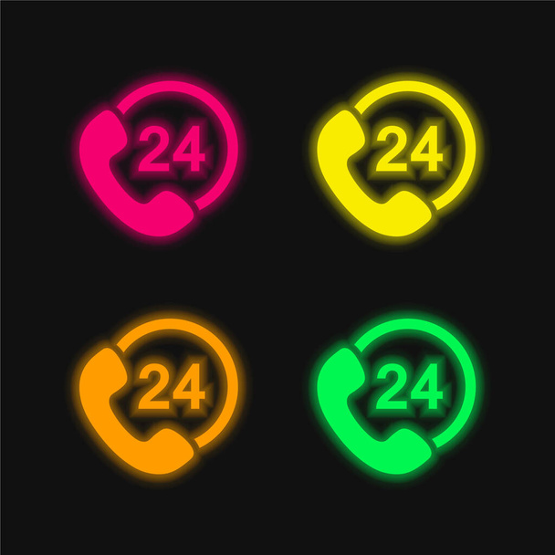 24 Ore Chiamate quattro colori luminosi icona vettoriale al neon - Vettoriali, immagini