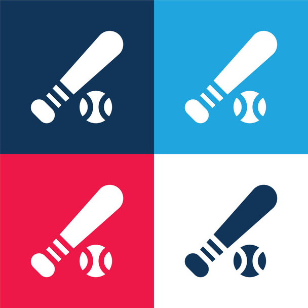Pelota de béisbol azul y rojo conjunto de iconos mínimo de cuatro colores - Vector, Imagen