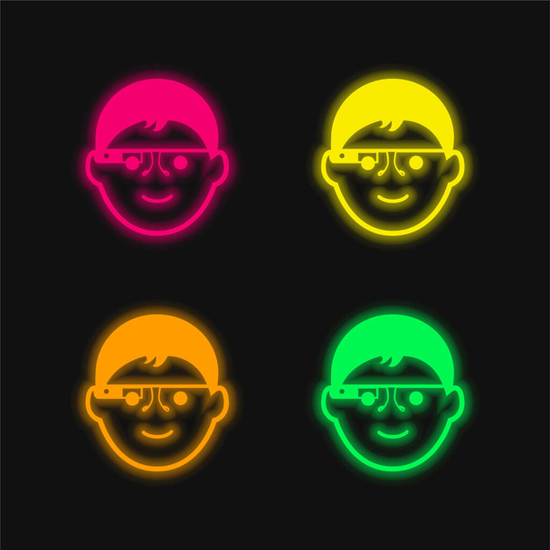 Chłopiec twarz z okularami Google cztery kolory świecące neon wektor ikona - Wektor, obraz