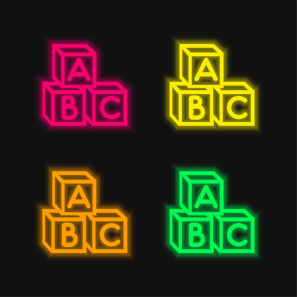 Baby Abc kockák négy színű izzó neon vektor ikon - Vektor, kép
