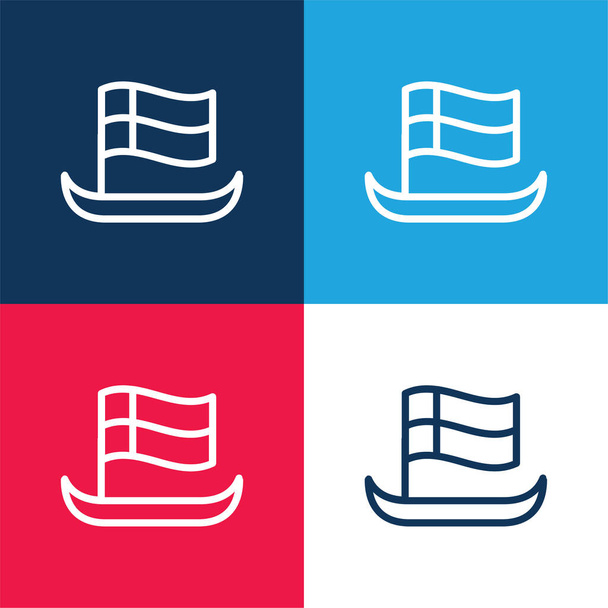 Hajó zászlóval Vázlatos kék és piros négy szín minimális ikon készlet - Vektor, kép