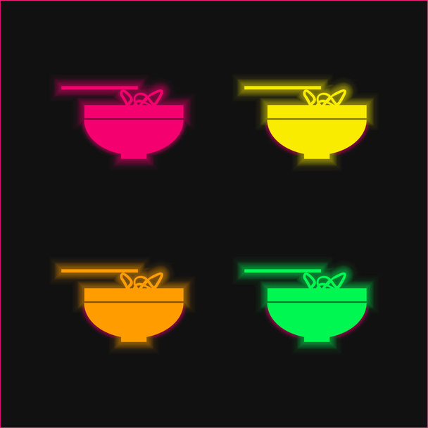 Bowl With Chinese Noodles four color glowing neon vector icon - Vector, Image