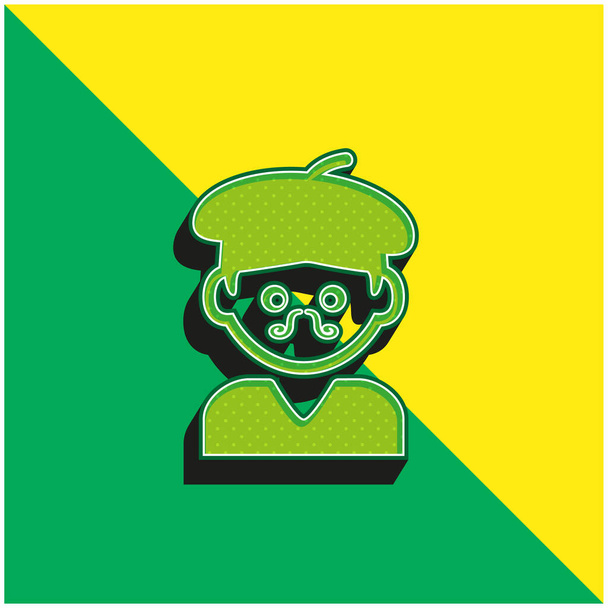 Bohemian Artist Man With Hat And Moustache Green and yellow modern 3d vector icon - Вектор, зображення