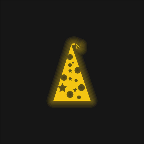 Geburtstagsmütze mit Punkten und Sternen, gelb leuchtendes Neon-Symbol - Vektor, Bild