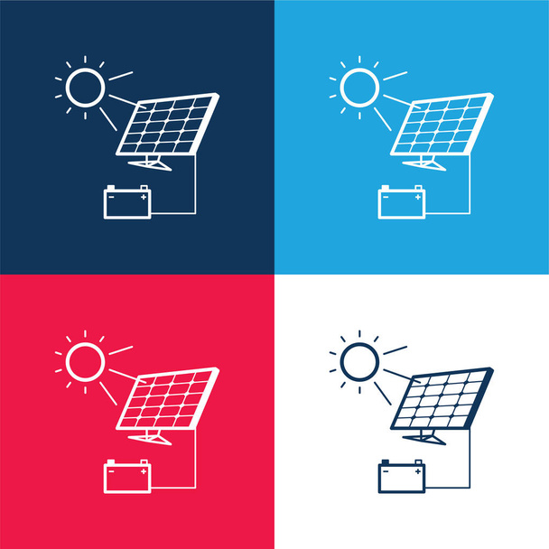 Заряджання акумулятора за допомогою сонячної панелі синій і червоний чотири кольори мінімальний набір ікони - Вектор, зображення