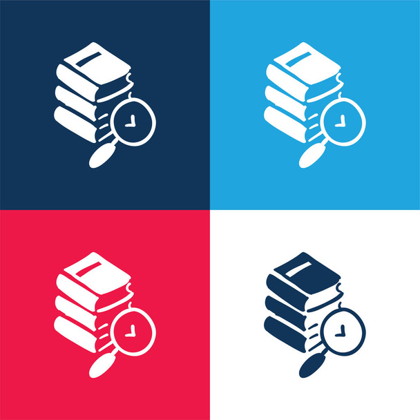 Libros dibujado a mano pila azul y rojo de cuatro colores mínimo icono conjunto - Vector, Imagen