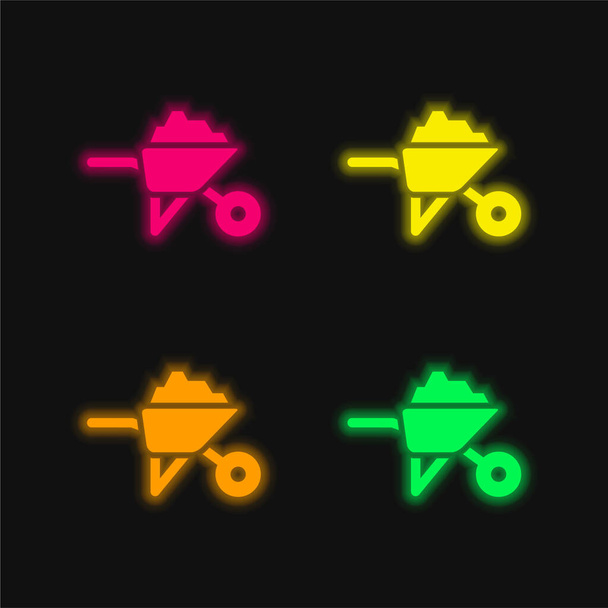 Schubkarre mit Baumaterialien vierfarbig leuchtende Neon-Vektorsymbol - Vektor, Bild