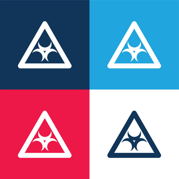 Panneau de danger biologique à l'intérieur d'un triangle contour bleu et rouge ensemble d'icônes minimales de quatre couleurs - Vecteur, image