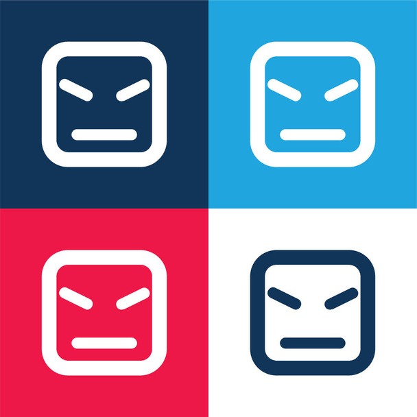 Rozzlobený obličej čtvercového tvaru a rovné čáry modré a červené čtyři barvy minimální ikony nastavit - Vektor, obrázek
