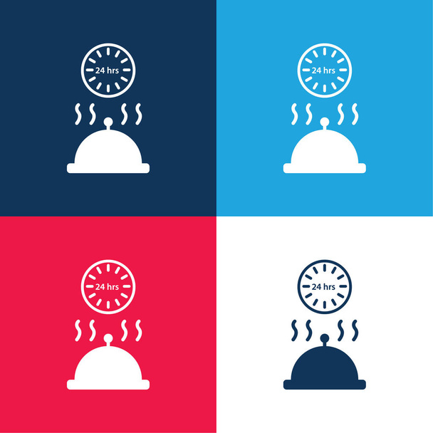 24 Horas Servicio de habitaciones azul y rojo de cuatro colores mínimo icono conjunto - Vector, imagen