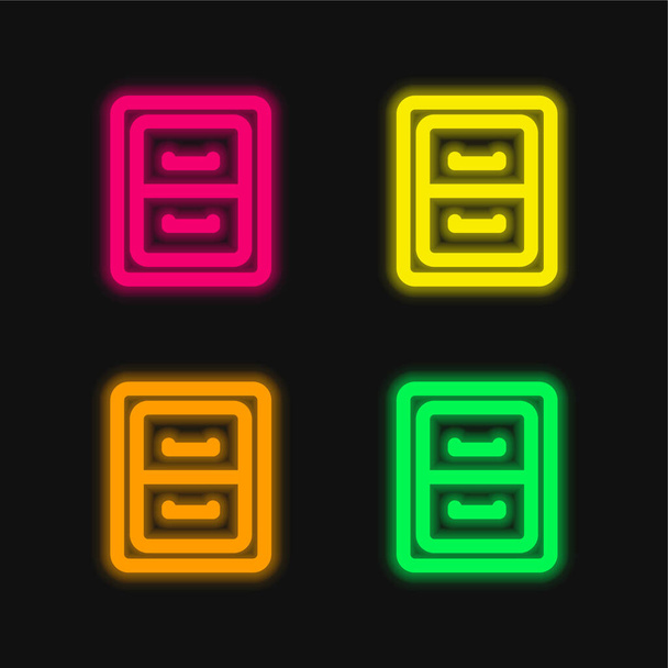 Archivo Muebles contorno con cajones de cuatro colores brillante icono de vectores de neón - Vector, Imagen