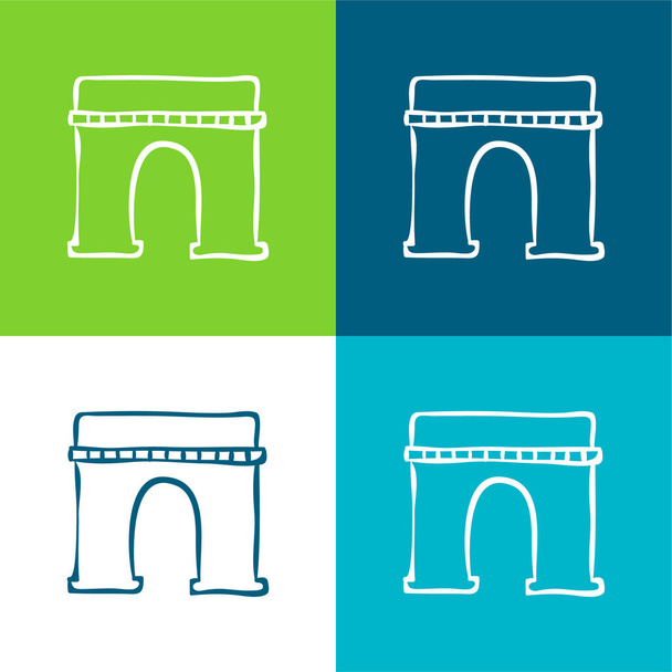 Arco Monumental Delineado de construcción dibujada a mano Plano de cuatro colores mínimo icono conjunto - Vector, imagen
