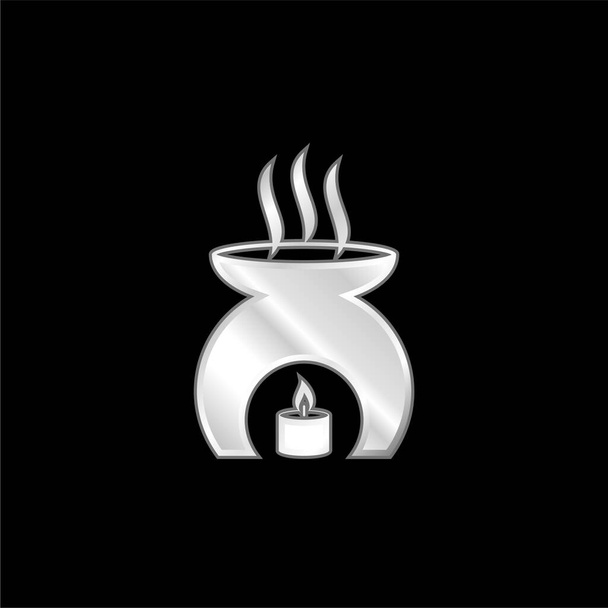 燃えるキャンドル加熱の香りとアロマセラピーツールオイルシルバーメッキ金属アイコン - ベクター画像