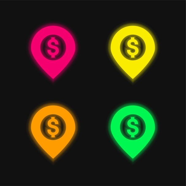 Bank Location four color glowing neon vector icon - Vector, Image