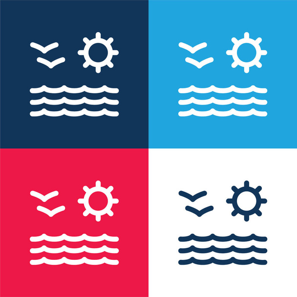 Rantanäkymä merelle aurinko ja lokit Pari sininen ja punainen nelivärinen minimaalinen kuvakesarja - Vektori, kuva