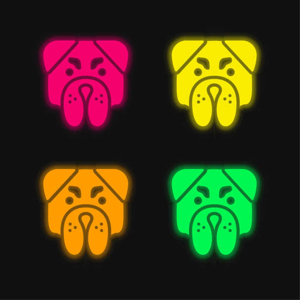 Angry Bulldog Face four color glowing neon vector icon - Vector, Image