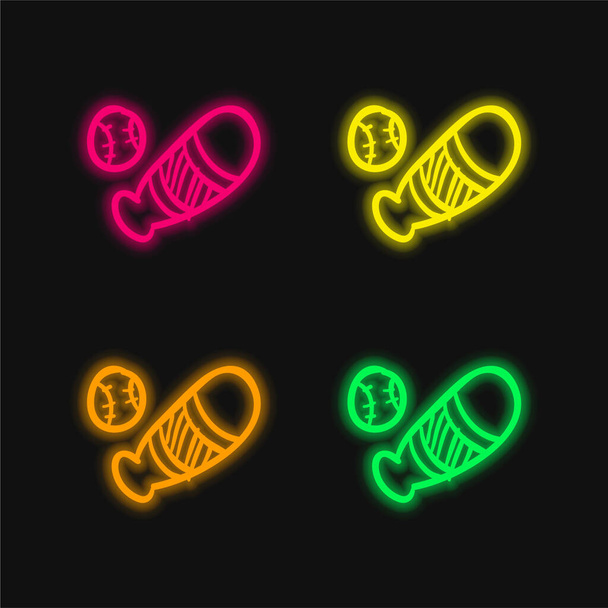 Kit de jouet de baseball icône vectorielle néon éclatante à quatre couleurs - Vecteur, image