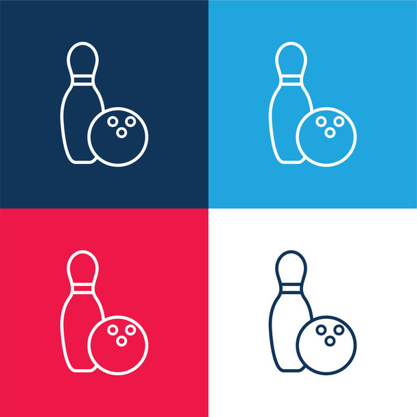 Bowling Bowl a koule obrys modré a červené čtyři barvy minimální ikony nastavit - Vektor, obrázek