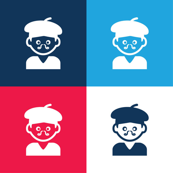 Artiste bohème homme avec chapeau et moustache bleu et rouge ensemble d'icône minimale de quatre couleurs - Vecteur, image