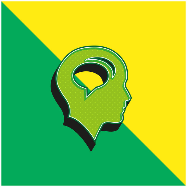 Tête chauve avec bulles de chat à l'intérieur vert et jaune moderne logo icône vectorielle 3d - Vecteur, image