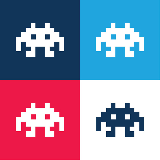 Alien Space Character Of Pixels For A Game blue and red four color minimal icon set - Vector, Image