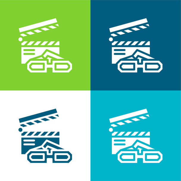 3D Movie Lapos négy szín minimális ikon készlet - Vektor, kép
