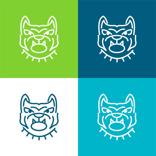 Angry Bulldog Face Outline Plano quatro cores conjunto de ícones mínimos - Vetor, Imagem