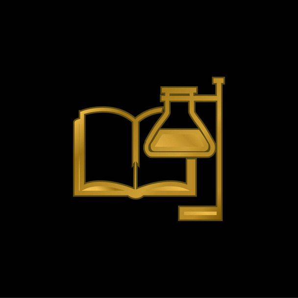 Buch und Reagenzglas mit Supporter vergoldet metallisches Symbol oder Logo-Vektor - Vektor, Bild